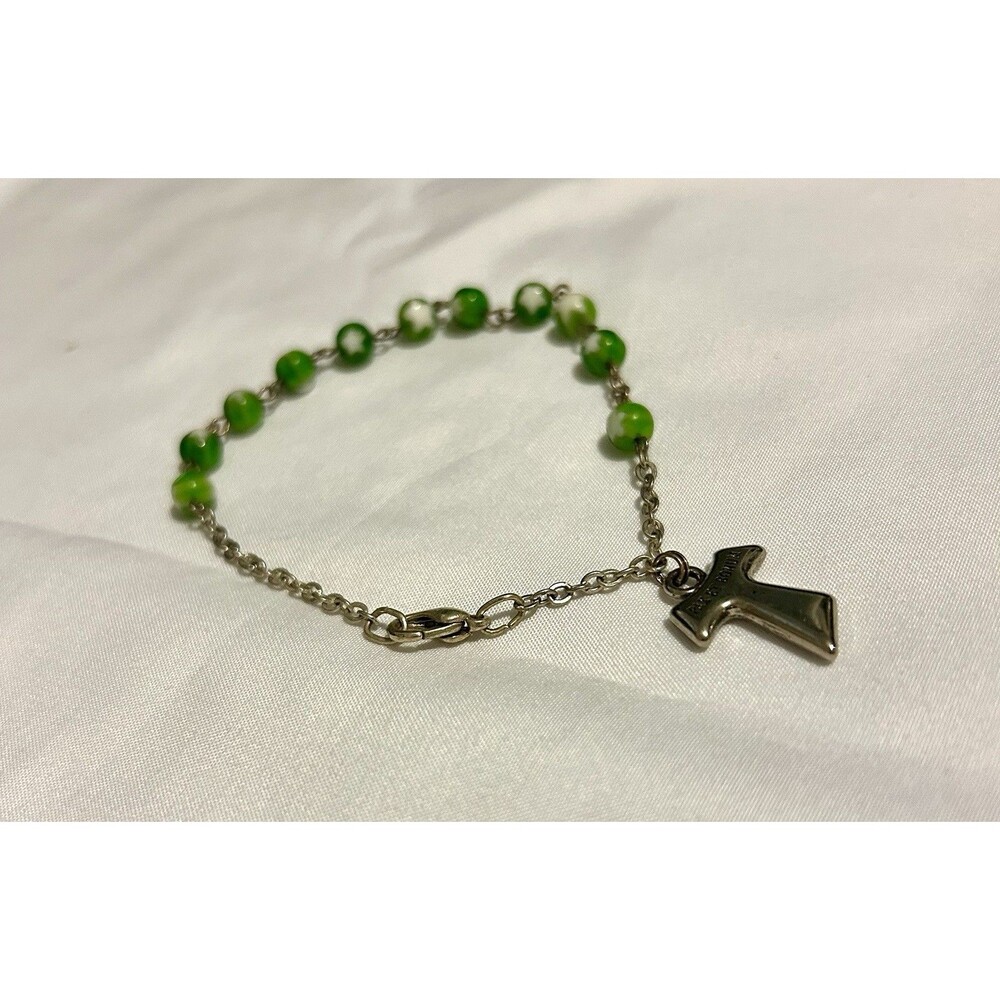 Green & White Swirl Bead Rosary Bracelet w/ Dangle Cross, Silver Cable Chain